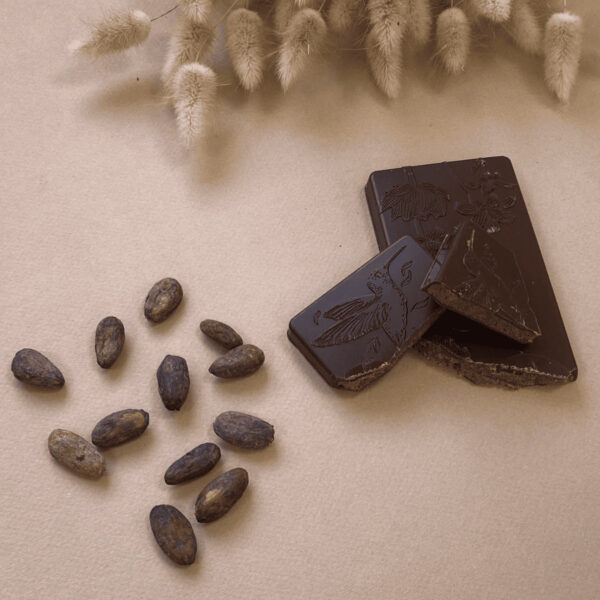 Photo d'ambiance d'une tablette pralinée cacahuète lait ouverte